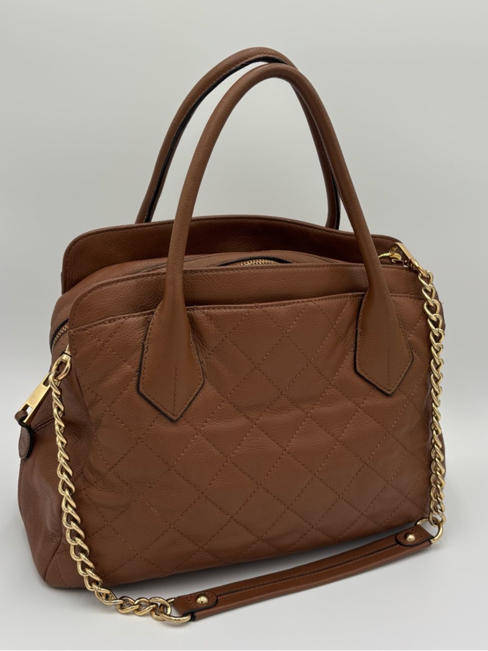 100% Leather Joan Rivers Quilted Brown Satchel with Gold Chain Strap and Purple